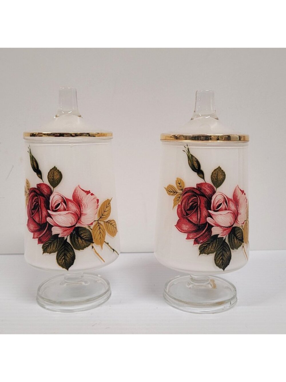 Apothecary Jars Set 2 Frosted Footed White Glass Rose with Lid Gold Trim Vintage